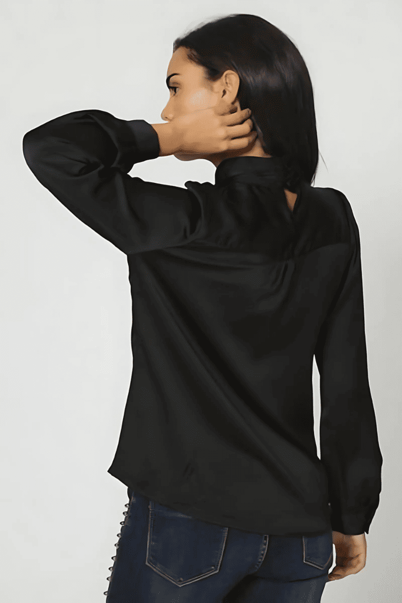 Blusa mujer satén elegante, blusa lazo en cuello, camisa manga larga, tejido suave, estilo sofisticado, color negro, talla 38, ideal oficina fiesta noche, combina jeans pantalón vestir, ✅Entrega 24/48h