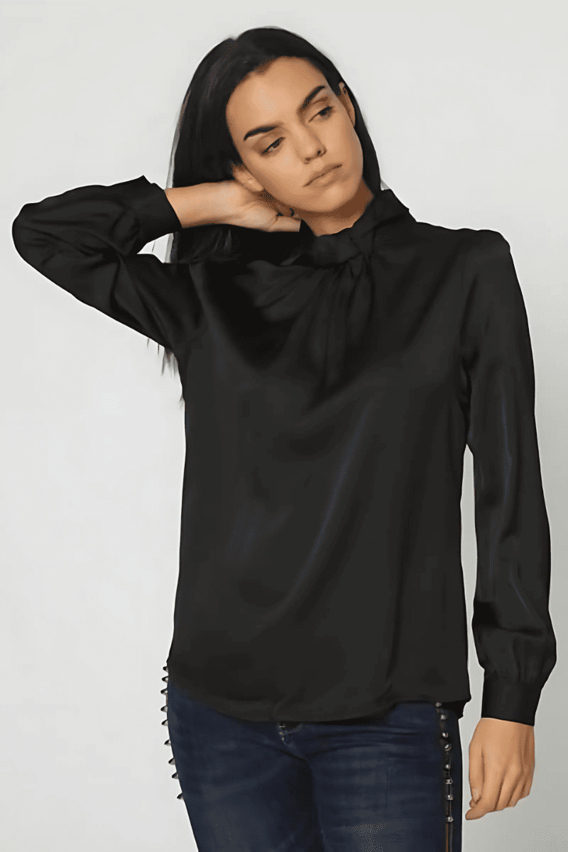 Blusa mujer satén elegante, blusa lazo en cuello, camisa manga larga, tejido suave, estilo sofisticado, color negro, talla 38, ideal oficina fiesta noche, combina jeans pantalón vestir, ✅Entrega 24/48h