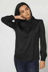 Blusa mujer satén elegante, blusa lazo en cuello, camisa manga larga, tejido suave, estilo sofisticado, color negro, talla 38, ideal oficina fiesta noche, combina jeans pantalón vestir, ✅Entrega 24/48h