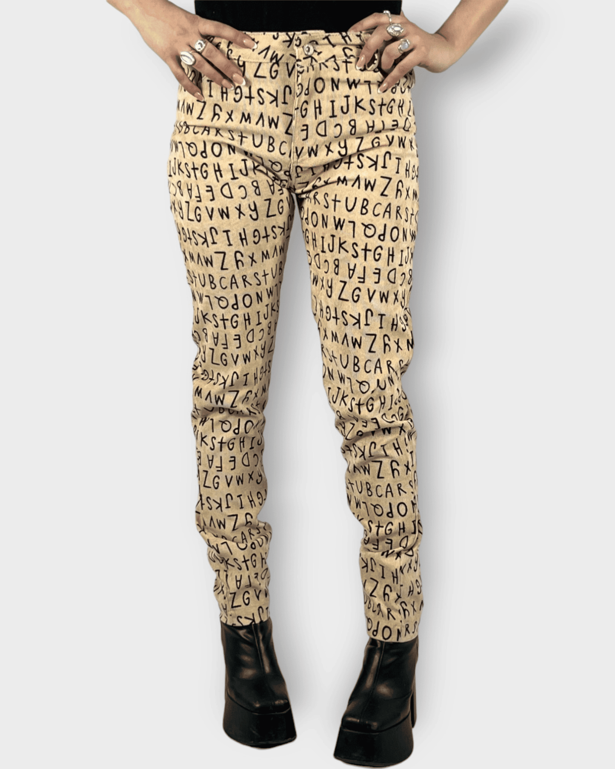 Pantalón skinny mujer, pantalones ajustados, estampado letras, talle alto, beige, estilo urbano, tendencia, ligero, cómodo, casual, versátil, ideal looks diarios, talla 38, combina blusas y botas, ✅Entrega 24/48h