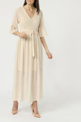 Vestido largo fluido mujer dress escote V lazo cintura manga 3/4 elegante tejido suave versátil outfit talla 36 color beige eventos oficina urbano cómodo disponible en varios colores ✅Entrega 24/48h