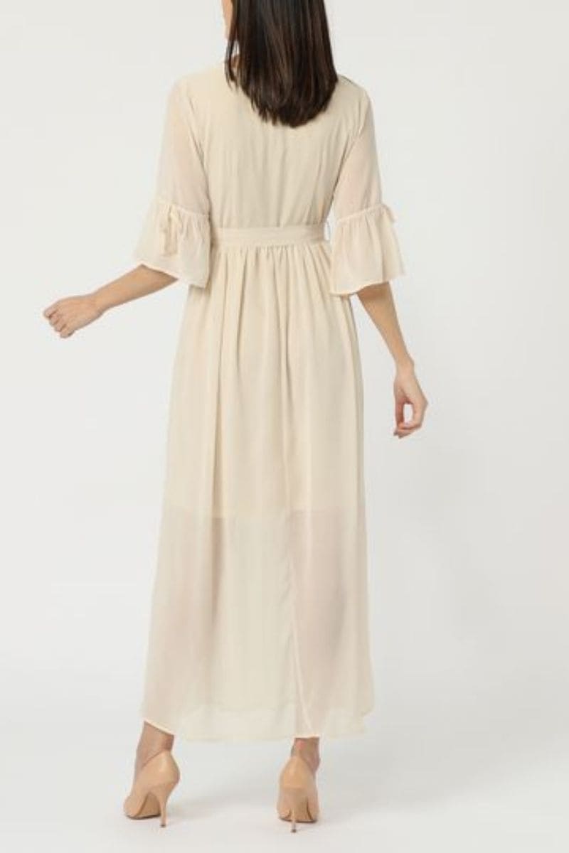 Vestido largo fluido mujer dress escote V lazo cintura manga 3/4 elegante tejido suave versátil outfit talla 36 color beige eventos oficina urbano cómodo disponible en varios colores ✅Entrega 24/48h