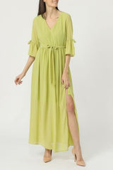 Vestido largo mujer, dress fluido gasa, escote V, manga tres cuartos, abertura lateral, lazo ajustable, elegante cómodo versátil, talla 36, verde pastel, eventos citas urbanas ✅Entrega 24/48h