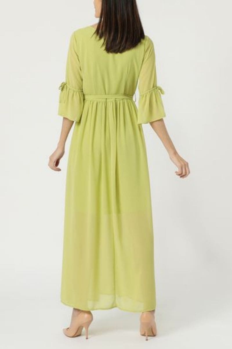 Vestido largo mujer, dress fluido gasa, escote V, manga tres cuartos, abertura lateral, lazo ajustable, elegante cómodo versátil, talla 36, verde pastel, eventos citas urbanas ✅Entrega 24/48h