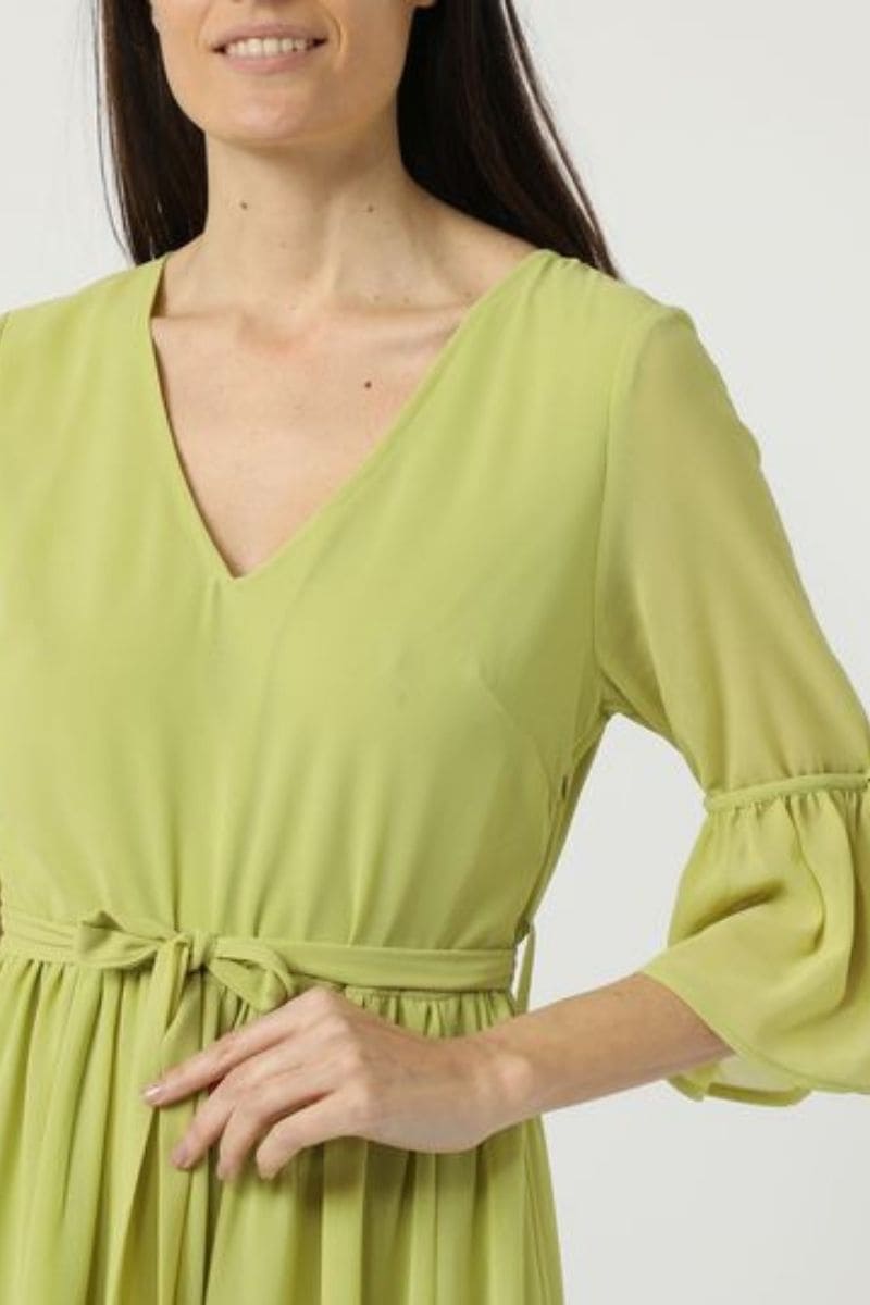 Vestido largo mujer, dress fluido gasa, escote V, manga tres cuartos, abertura lateral, lazo ajustable, elegante cómodo versátil, talla 36, verde pastel, eventos citas urbanas ✅Entrega 24/48h