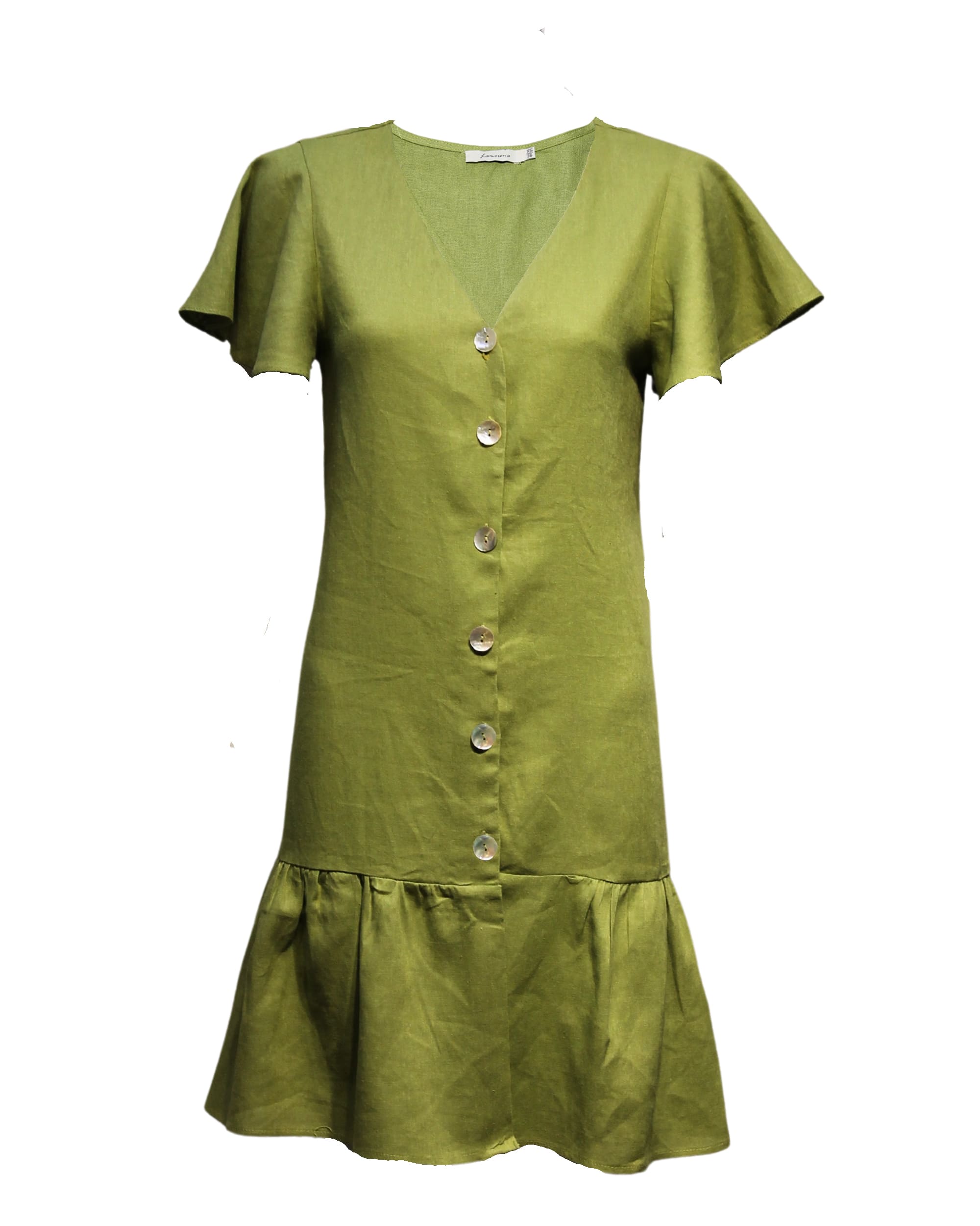Vestido corto mujer, dress, outfit, lino ligero, manga corta, botones frontales, volantes, corte casual, elegante, verde, talla 36, cómodo, versátil, ideal oficina, paseo, verano, fácil combinar, ✅Entrega 24/48h