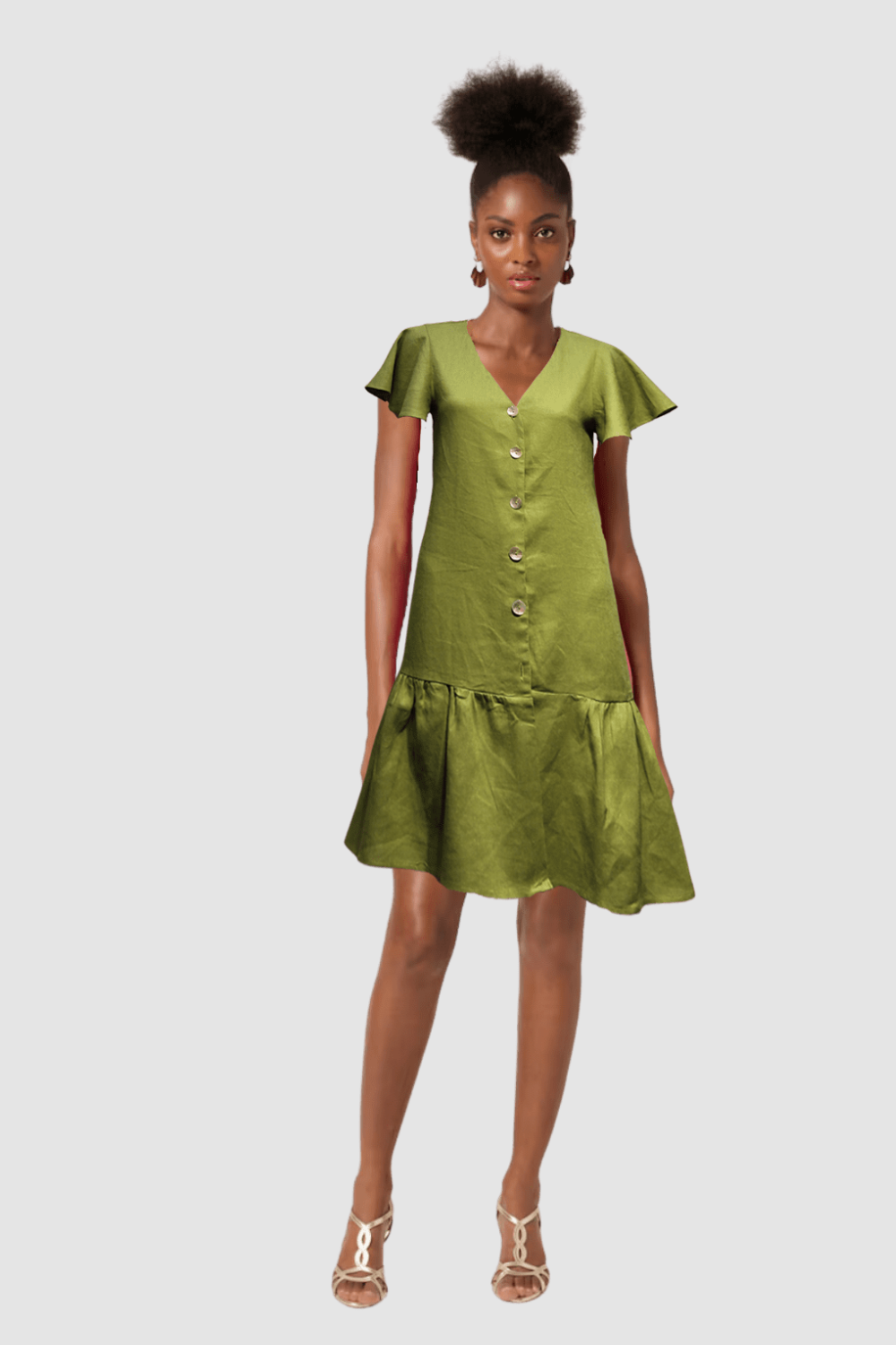 Vestido corto mujer, dress, outfit, lino ligero, manga corta, botones frontales, volantes, corte casual, elegante, verde, talla 36, cómodo, versátil, ideal oficina, paseo, verano, fácil combinar, ✅Entrega 24/48h