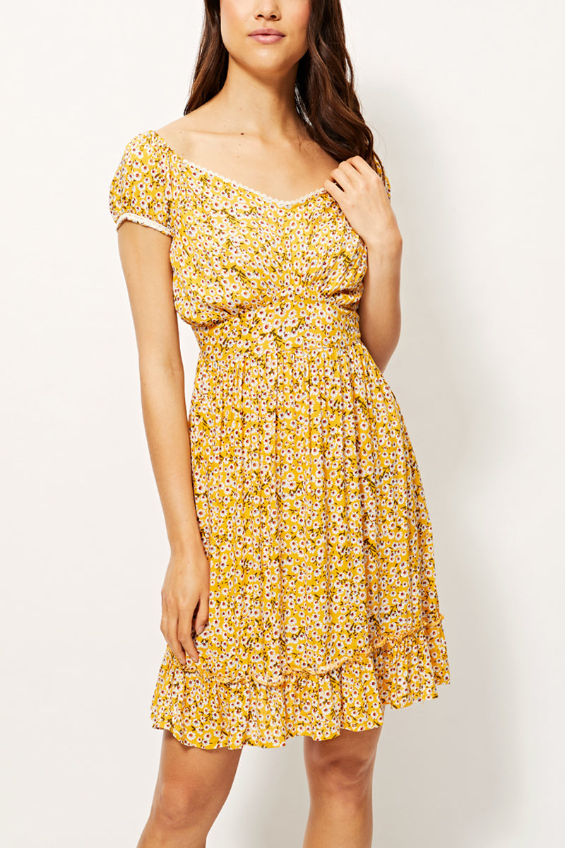 Vestido corto floral mujer dress manga corta escote cuadrado hombros descubiertos tela ligera modelo casual chic corte relajado estampado flores amarillo talla 36 femenino cómodo ideal verano ✅Entrega 24/48h