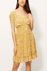 Vestido corto floral mujer dress manga corta escote cuadrado hombros descubiertos tela ligera modelo casual chic corte relajado estampado flores amarillo talla 36 femenino cómodo ideal verano ✅Entrega 24/48h