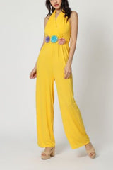 Mono largo mujer, jumpsuit sin mangas halter, flores cintura, moderno, suave caída, look urbano o fiesta, talla 38, amarillo, cómodo, 42 colores, versátil, elegante, combina sandalias/tacones. ✅Entrega 24/48h