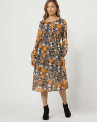 Vestido midi mujer, dress estampado floral, fruncido cintura, manga larga, cuello redondo, poliéster, cierre invisible, elegante, cómodo, versátil, colores negro multicolor, talla 38 ✅Entrega 24/48h
