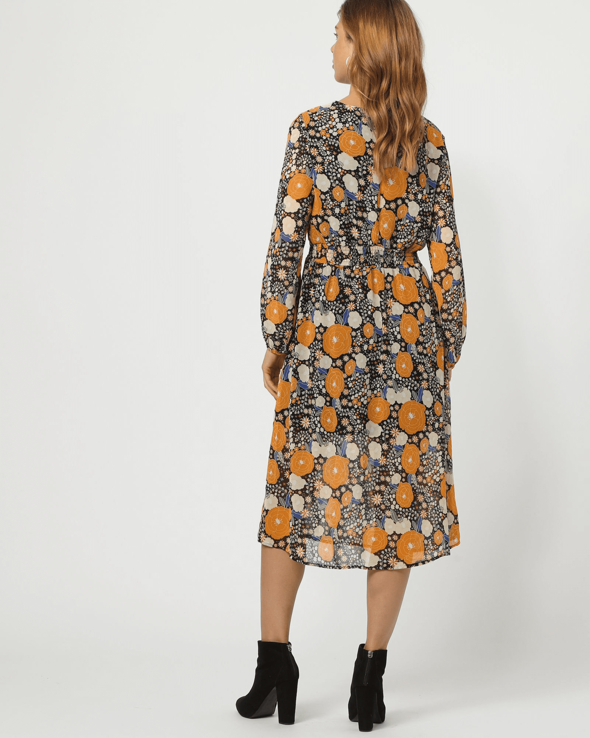 Vestido midi mujer, dress estampado floral, fruncido cintura, manga larga, cuello redondo, poliéster, cierre invisible, elegante, cómodo, versátil, colores negro multicolor, talla 38 ✅Entrega 24/48h