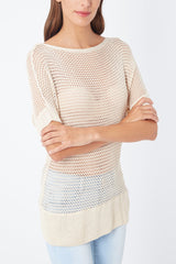 Suéter calado tejido ligero suéter manga corta jersey top estilo casual escote redondo color beige talla 38 cómodo versátil ideal looks urbanos o relajados ✅Entrega 24/48h
