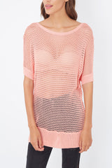 Suéter ligero calado mujer, blusa manga corta, escote barco, diseño moderno tejido transpirable, color rosa, talla 38, ideal look casual urbano, combina jeans o tacones, cómodo y fresco ✅Entrega 24/48h