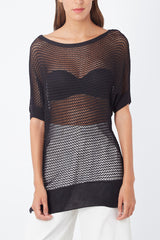 Blusa mujer punto calado suéter moderno manga corta estilo urbano textura ligera transpirable cómodo versátil negra talla 38 look casual ideal primavera verano ✅Entrega 24/48h