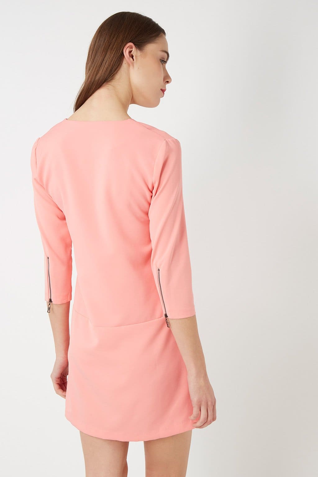 Vestido mujer corto dress manga tres cuartos escote en V cremalleras decorativas textura suave modelo casual elegante color rosa talla 38 cómodo versátil urbano elegante ✅Entrega 24/48h