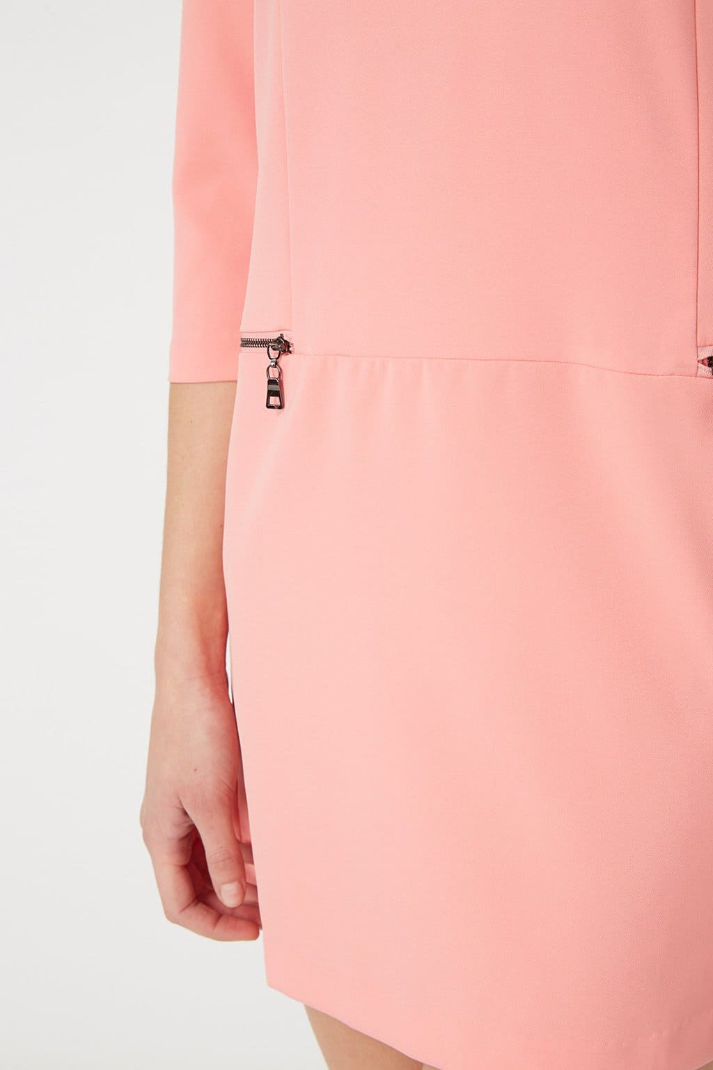 Vestido mujer corto dress manga tres cuartos escote en V cremalleras decorativas textura suave modelo casual elegante color rosa talla 38 cómodo versátil urbano elegante ✅Entrega 24/48h