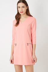 Vestido mujer corto dress manga tres cuartos escote en V cremalleras decorativas textura suave modelo casual elegante color rosa talla 38 cómodo versátil urbano elegante ✅Entrega 24/48h