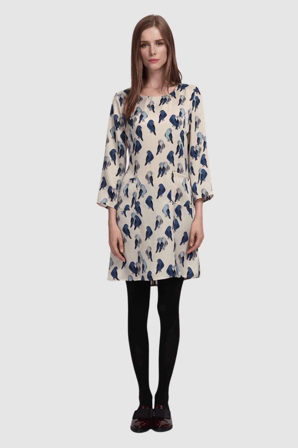 Vestido satinado mujer, dress elegante estampado pájaros, manga larga, cuello redondo, cierre cremallera trasera, corte recto, moderno, color crudo azul, talla 46, cómodo y versátil ✅Entrega 24/48h