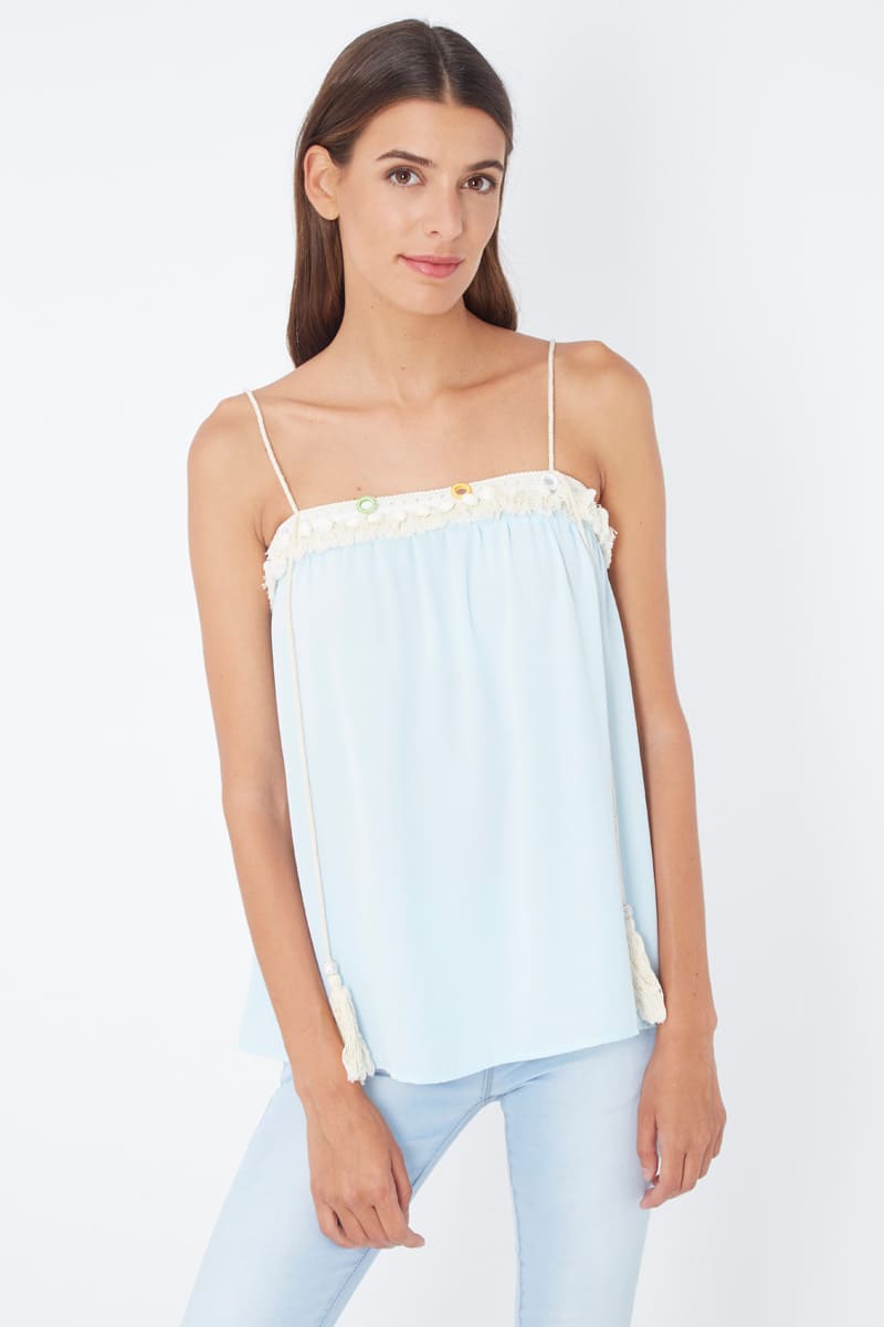 Blusa tirantes mujer top romántico borlas escote fruncido tela ligera suave caída verano casual urbana ideal combinar jeans faldas 42 colores frescura comodidad moda actual ✅Entrega 24/48h
