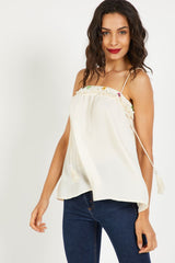 Top Tirantes Mujer, Blusa Estilo Boho Chic, Bordado Floral, Tejido Ligero, Corte Suelto, Cordón Decorativo, Color Marfil, Talla 38, Fresco, Sofisticado, Combina Jeans O Faldas, ✅Entrega 24/48h