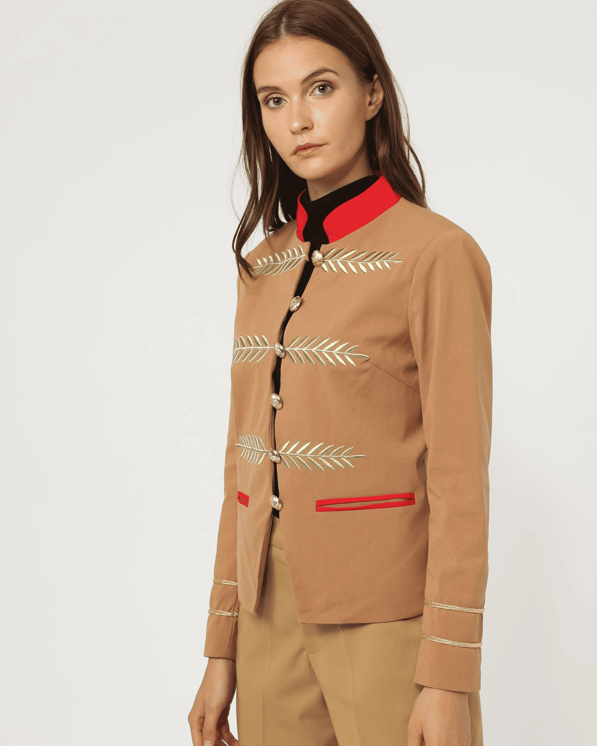 Chaqueta estilo militar mujer, chaqueta elegante bordados dorados, botones metalizados, corte recto, ideal oficina y eventos urbanos, color beige, talla 38, look sofisticado y moderno ✅Entrega 24/48h