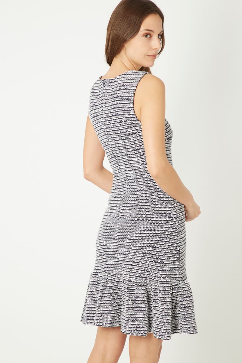 Vestido, dress, outfit tweed sin mangas detalle perlas escote redondo bajo volante elegante cómodo tejido blanco/negro talla 38 ideal eventos trabajo versátil ✅Entrega 24/48h