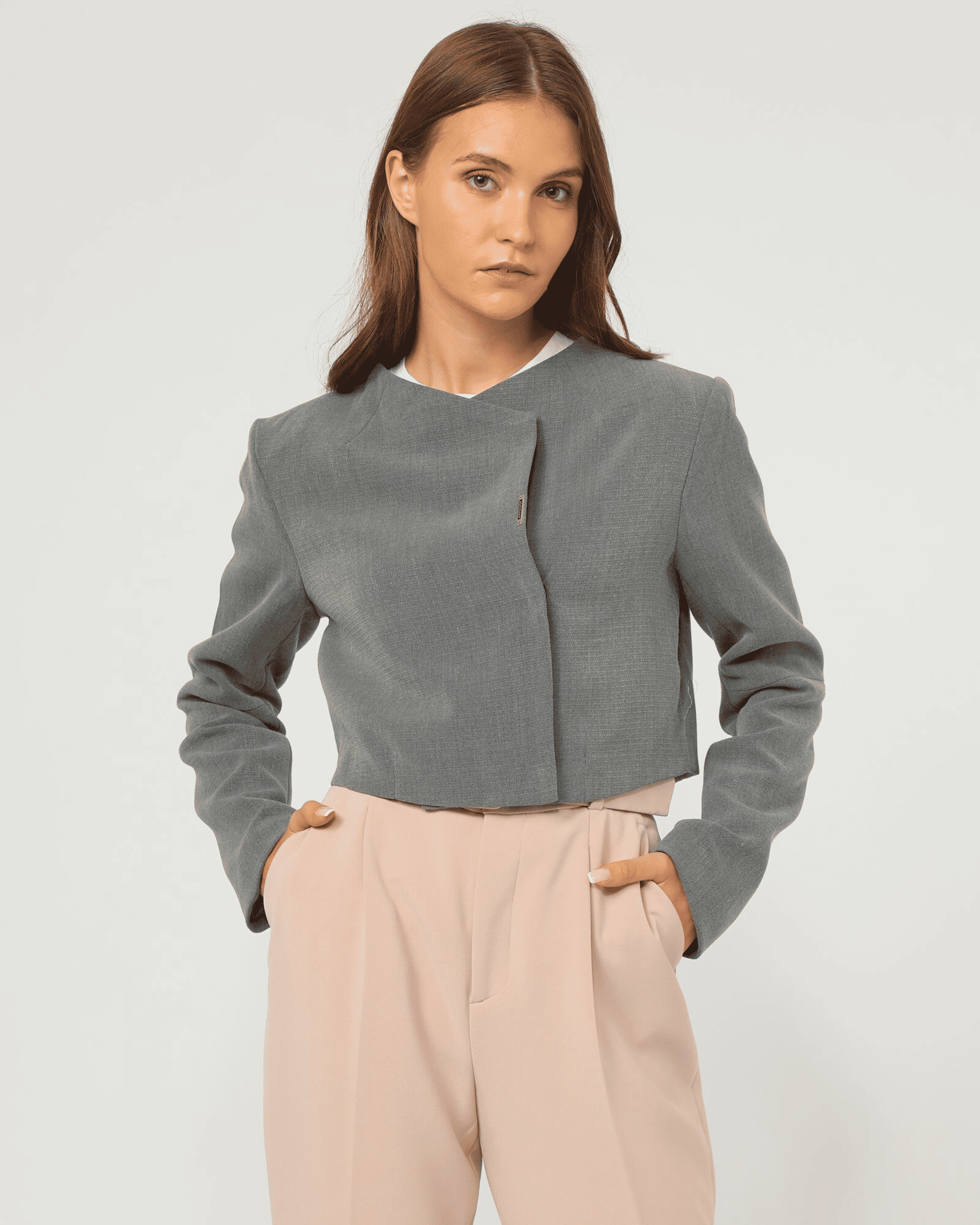 Chaqueta mujer gris corta, americana, blazer, cuello redondo, manga larga, cierre botón bajo solapa, estilo elegante, moderna y versátil, talla 38, cómoda y ligera ✅Entrega 24/48h