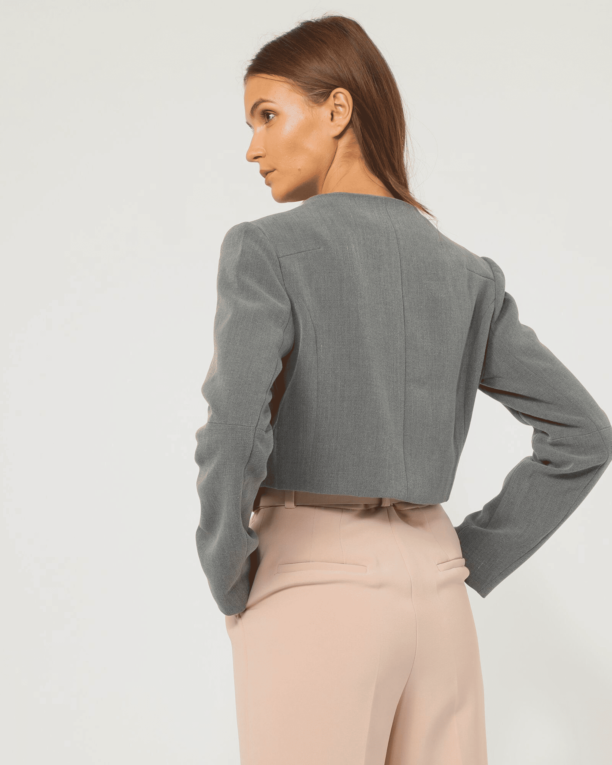 Chaqueta mujer gris corta, americana, blazer, cuello redondo, manga larga, cierre botón bajo solapa, estilo elegante, moderna y versátil, talla 38, cómoda y ligera ✅Entrega 24/48h