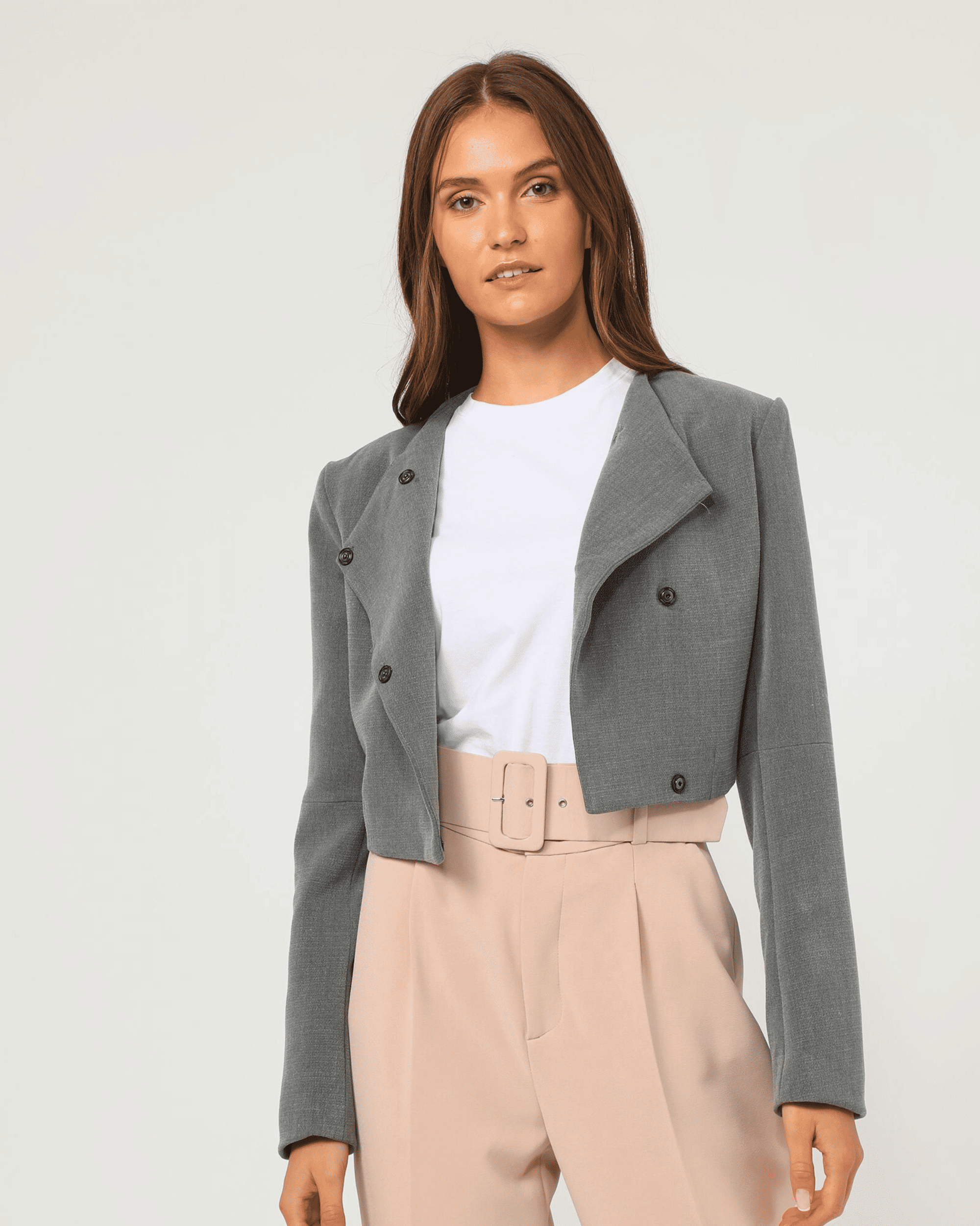 Chaqueta mujer gris corta, americana, blazer, cuello redondo, manga larga, cierre botón bajo solapa, estilo elegante, moderna y versátil, talla 38, cómoda y ligera ✅Entrega 24/48h