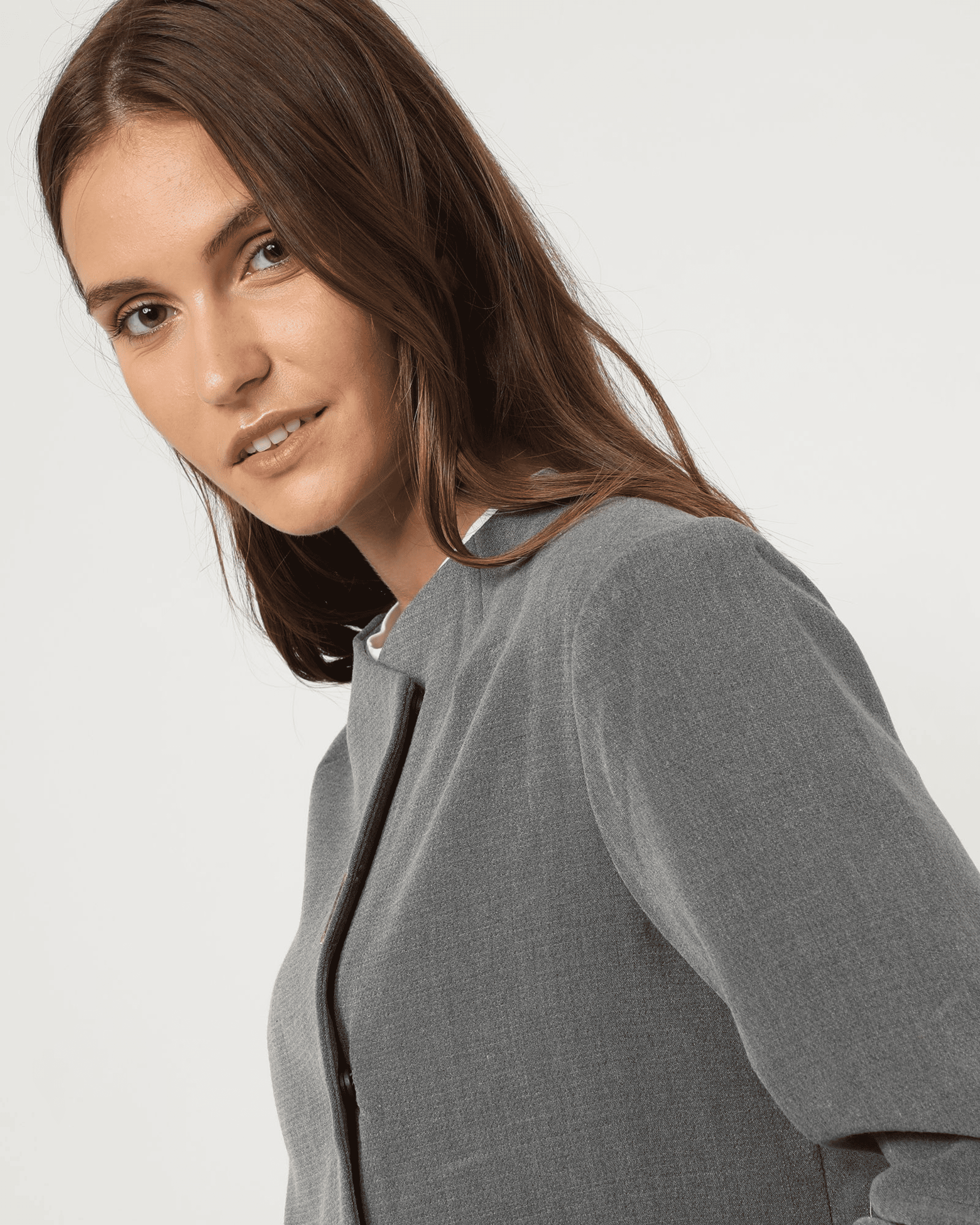 Chaqueta mujer gris corta, americana, blazer, cuello redondo, manga larga, cierre botón bajo solapa, estilo elegante, moderna y versátil, talla 38, cómoda y ligera ✅Entrega 24/48h