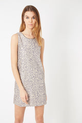 Vestido entallado mujer outfit dress tirantes anchos cuello redondo textura poliéster estampado serpiente brillo corte mini elegante talla 42 beige cómodo versátil ✅Entrega 24/48h