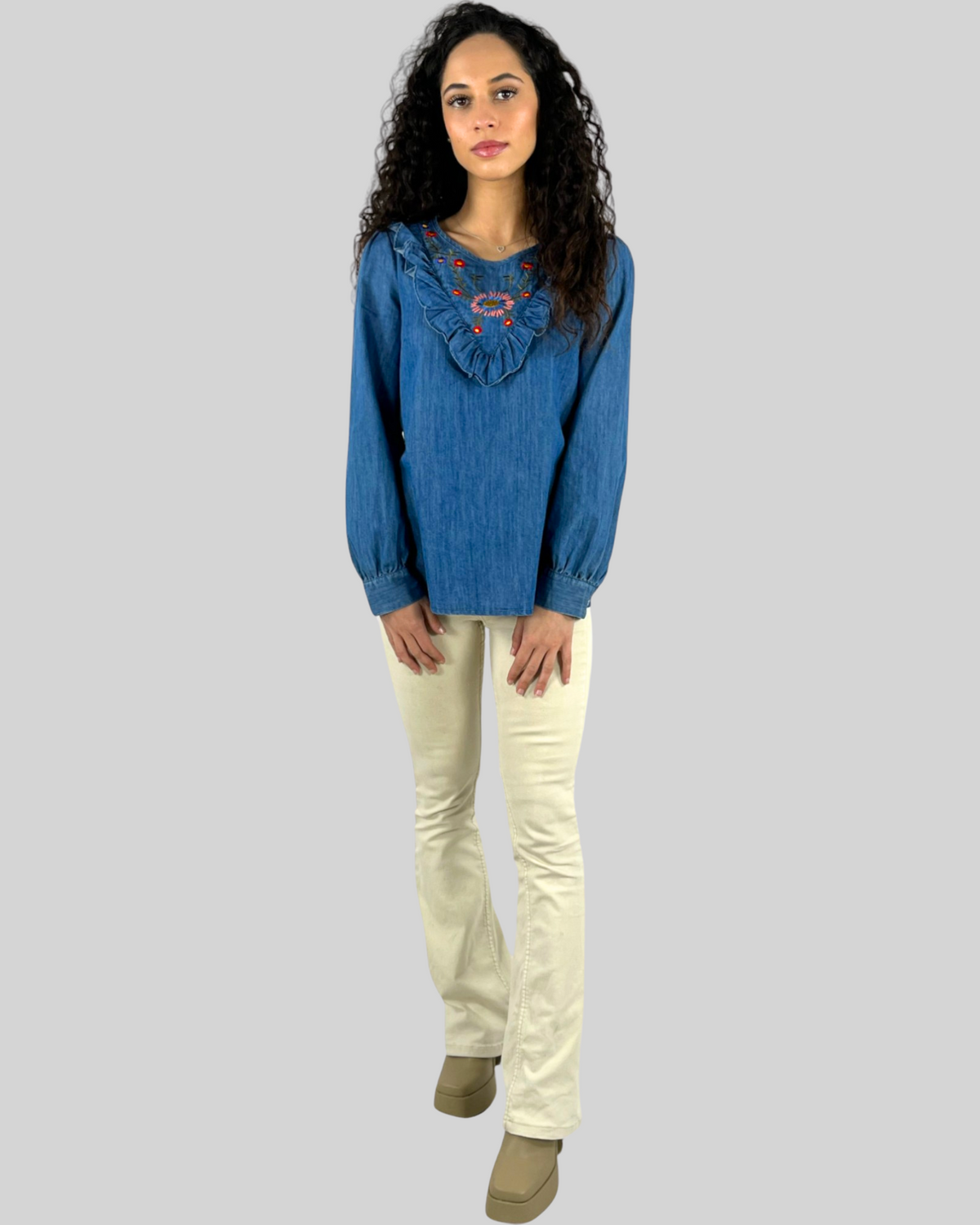 Camisa vaquera mujer blusa bordada volante algodón azul manga larga bordados cuello redondo elegante cómoda talla 38 western casual boho chic tendencia otoño invierno ✅Entrega 24/48h