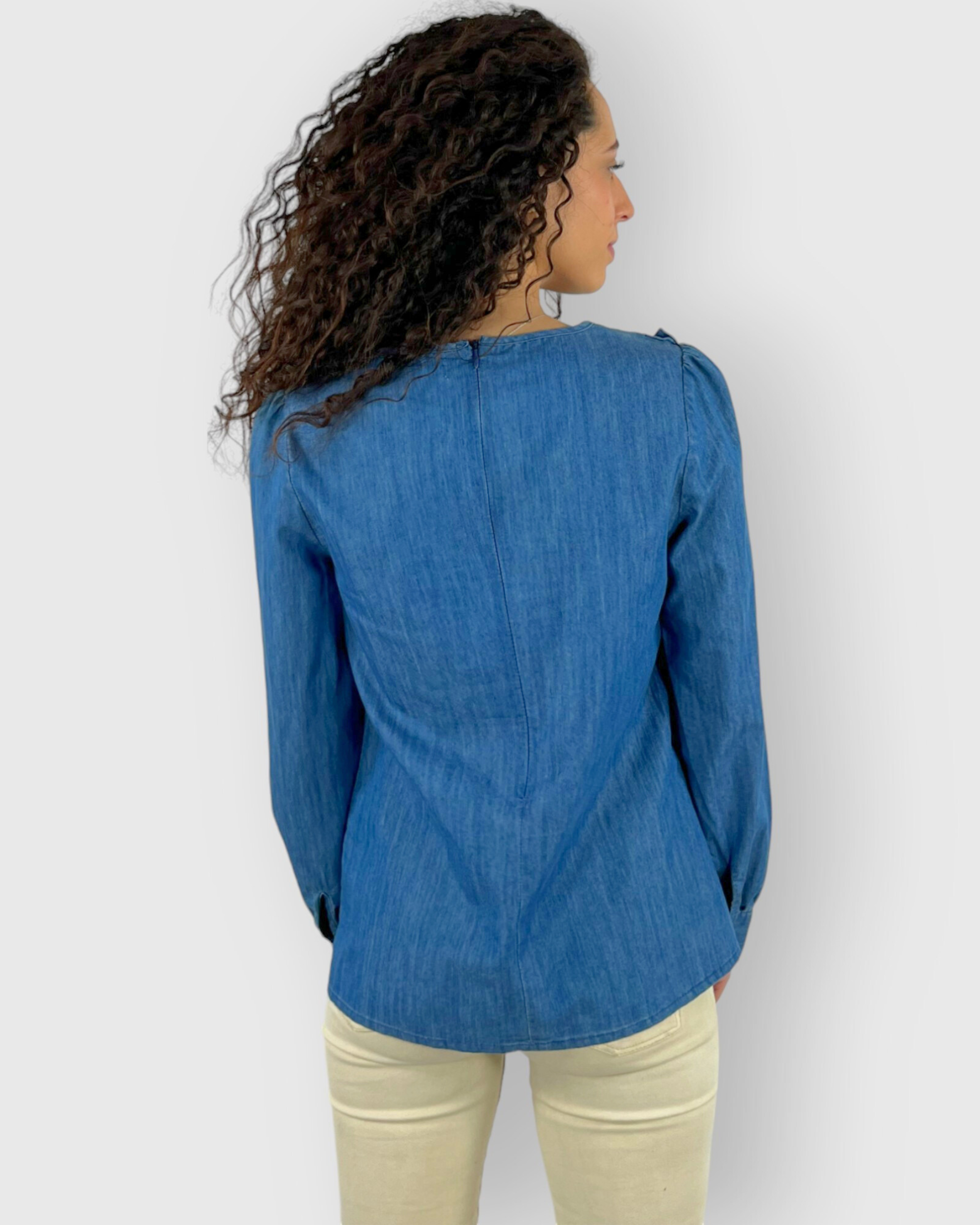 Camisa vaquera mujer blusa bordada volante algodón azul manga larga bordados cuello redondo elegante cómoda talla 38 western casual boho chic tendencia otoño invierno ✅Entrega 24/48h