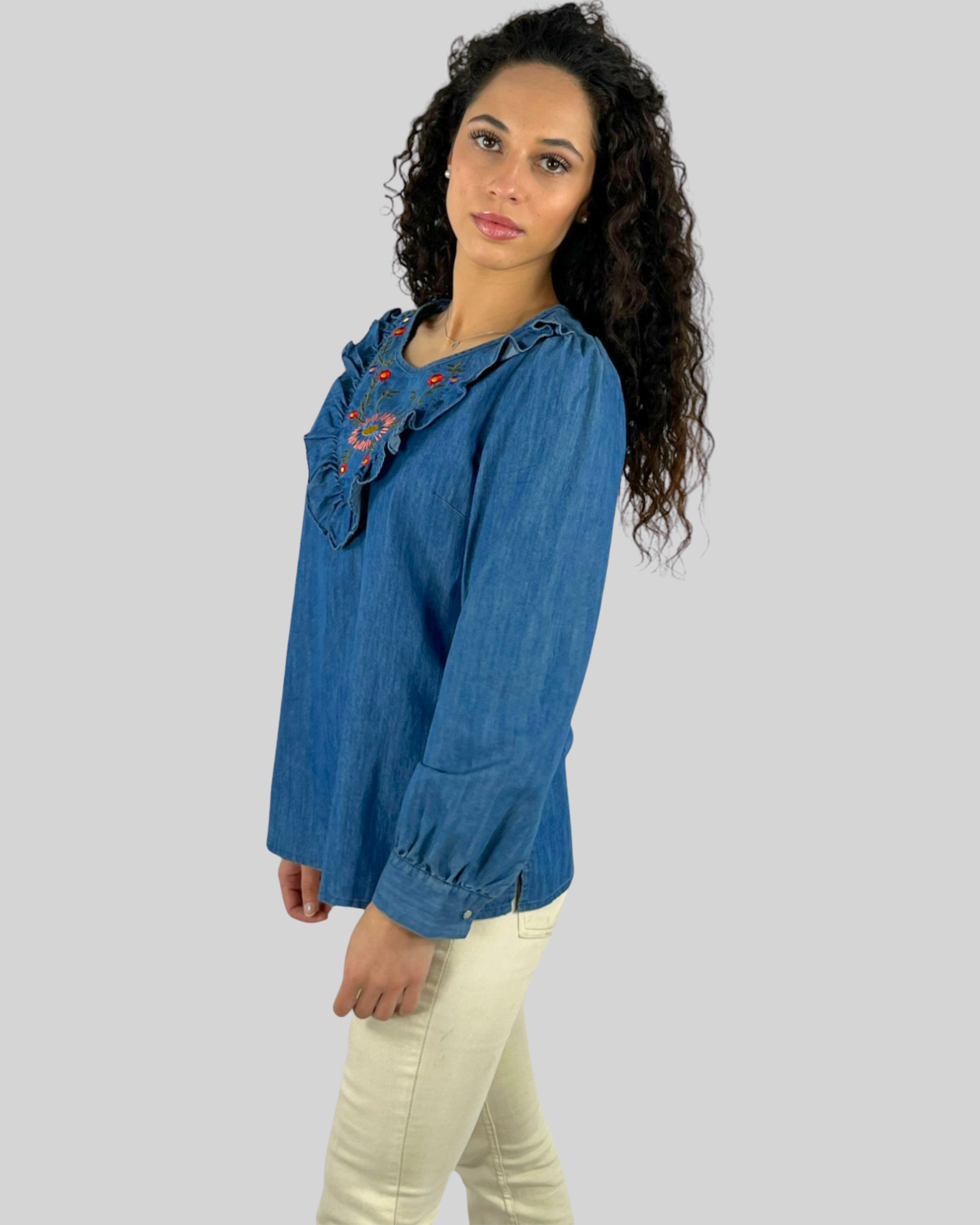 Camisa vaquera mujer blusa bordada volante algodón azul manga larga bordados cuello redondo elegante cómoda talla 38 western casual boho chic tendencia otoño invierno ✅Entrega 24/48h