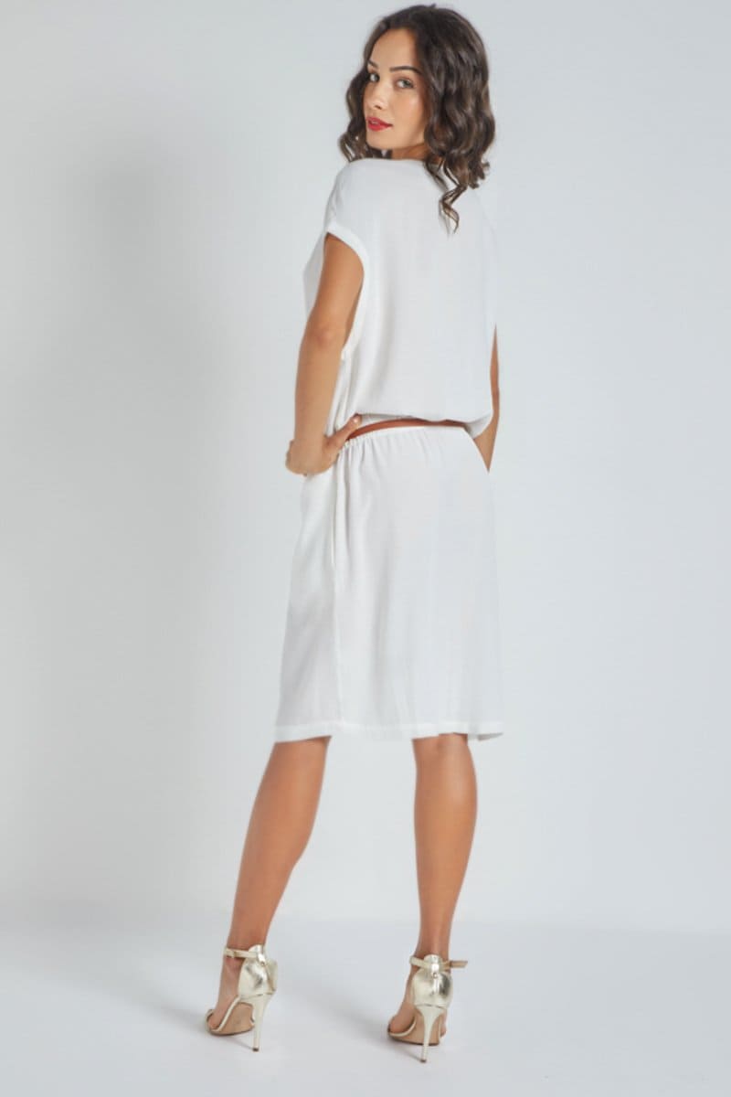 Vestido corto mujer, dress fluido casual urbano, cinturón elástico ajustable, modelo holgado, estilo versátil, blanco, talla 38, cómodo fresco, combina con sandalias o tacones ✅Entrega 24/48h