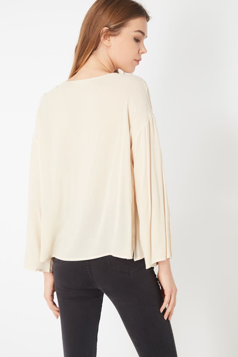 Blusa holgada mujer blusa fluida escote en V botones decorativos manga larga tejido suave estilo casual elegante tonos beige talla 38 sofisticada cómoda para oficina y diario ✅Entrega 24/48h