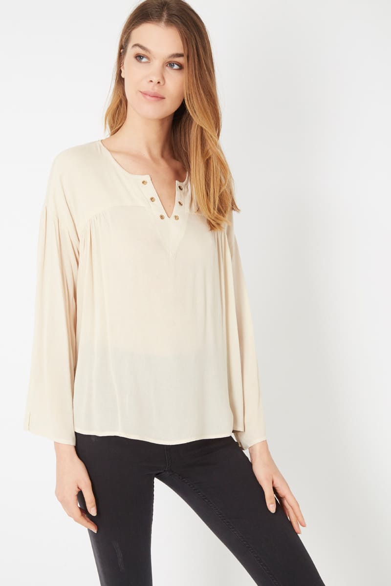 Blusa holgada mujer blusa fluida escote en V botones decorativos manga larga tejido suave estilo casual elegante tonos beige talla 38 sofisticada cómoda para oficina y diario ✅Entrega 24/48h