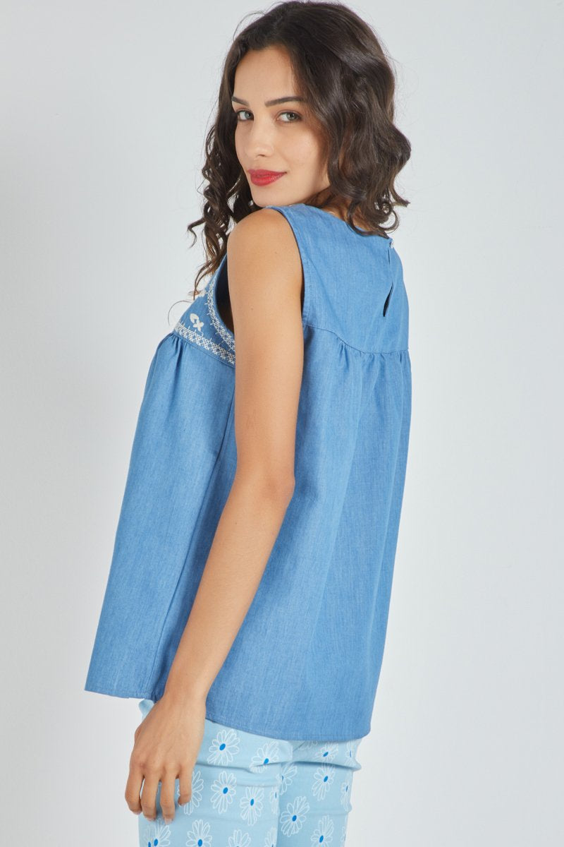 Blusa fluida mujer, top sin mangas, algodón fresco, canesú bordado, cierre lágrima espalda, talla 38, corte amplio, ligera, color azul, ideal verano, comodidad diaria, outfit casual ✅Entrega 24/48h
