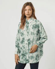 Camisa mujer estampada algodón, blusa casual, manga larga, corte recto, bolsillo frontal, cuello camisero, puños botones, diseño tie dye original, color verde talla 38, cómoda y versátil ✅Entrega 24/48h