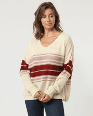 Jersey punto mujer, suéter lana mixta rayas, manga larga, diseño tricolor, cuello redondo amplio, cálido y cómodo, estilo casual, talla 38, color crudo, entrega rápida ✅Entrega 24/48h