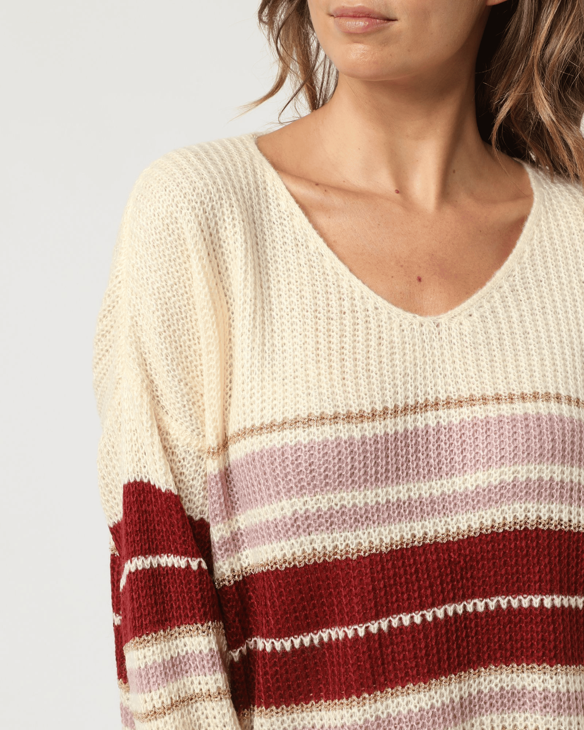 Jersey punto mujer, suéter lana mixta rayas, manga larga, diseño tricolor, cuello redondo amplio, cálido y cómodo, estilo casual, talla 38, color crudo, entrega rápida ✅Entrega 24/48h