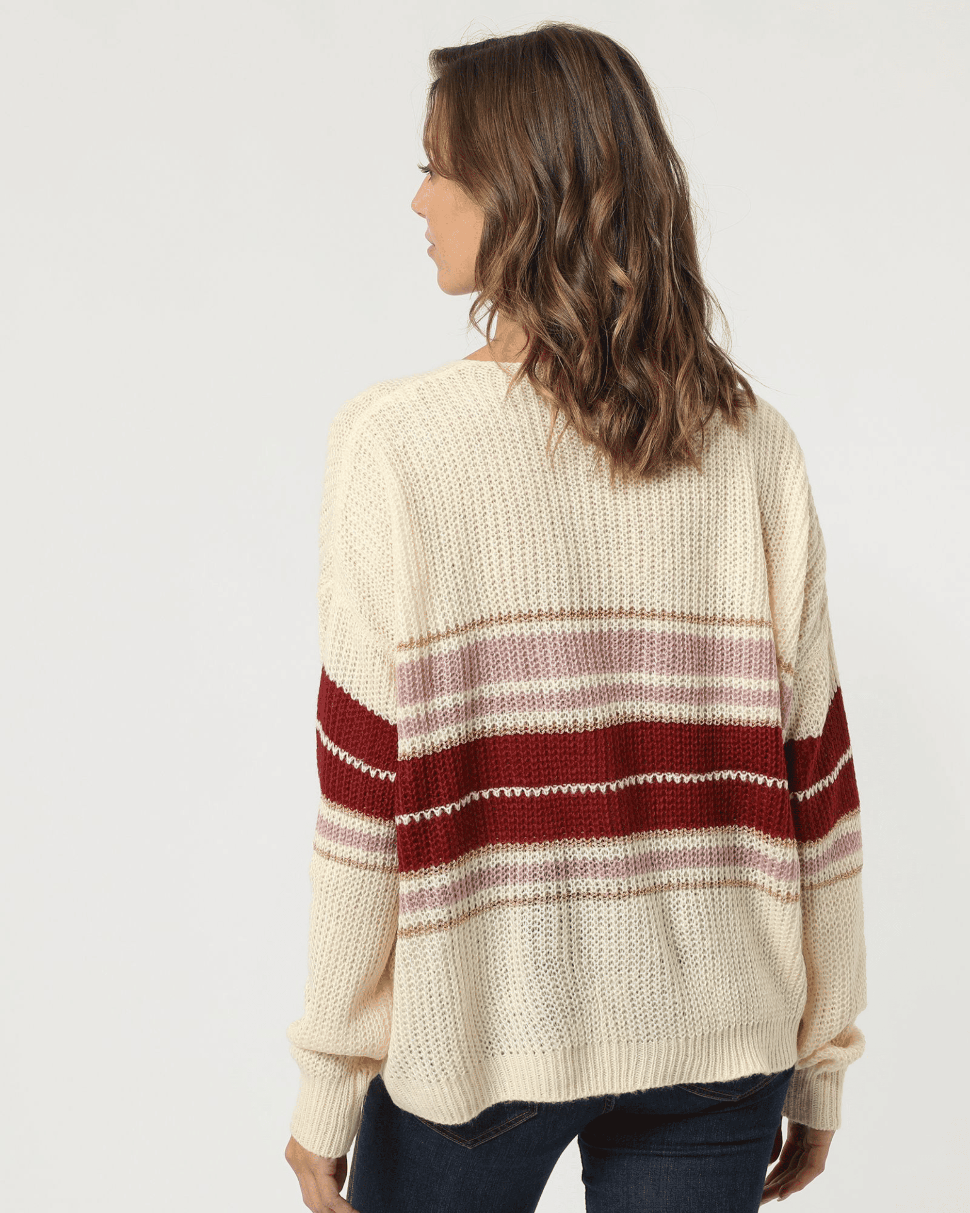 Jersey punto mujer, suéter lana mixta rayas, manga larga, diseño tricolor, cuello redondo amplio, cálido y cómodo, estilo casual, talla 38, color crudo, entrega rápida ✅Entrega 24/48h