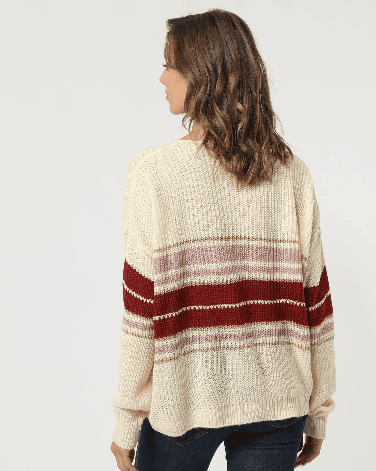 Jersey punto mujer, suéter lana mixta rayas, manga larga, diseño tricolor, cuello redondo amplio, cálido y cómodo, estilo casual, talla 38, color crudo, entrega rápida ✅Entrega 24/48h