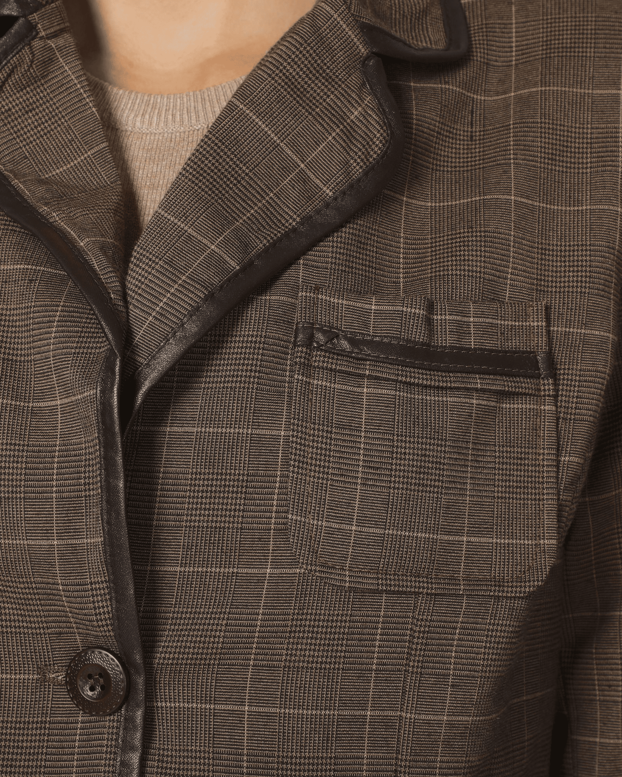 Blazer mujer, chaqueta cuadros, abrigo corto lana mixta, manga larga, corte recto, bolsillos, cuello clásico, cierre botones, color marrón, talla L, moda elegante, versátil, cómoda, ideal oficina ✅Entrega 24/48h