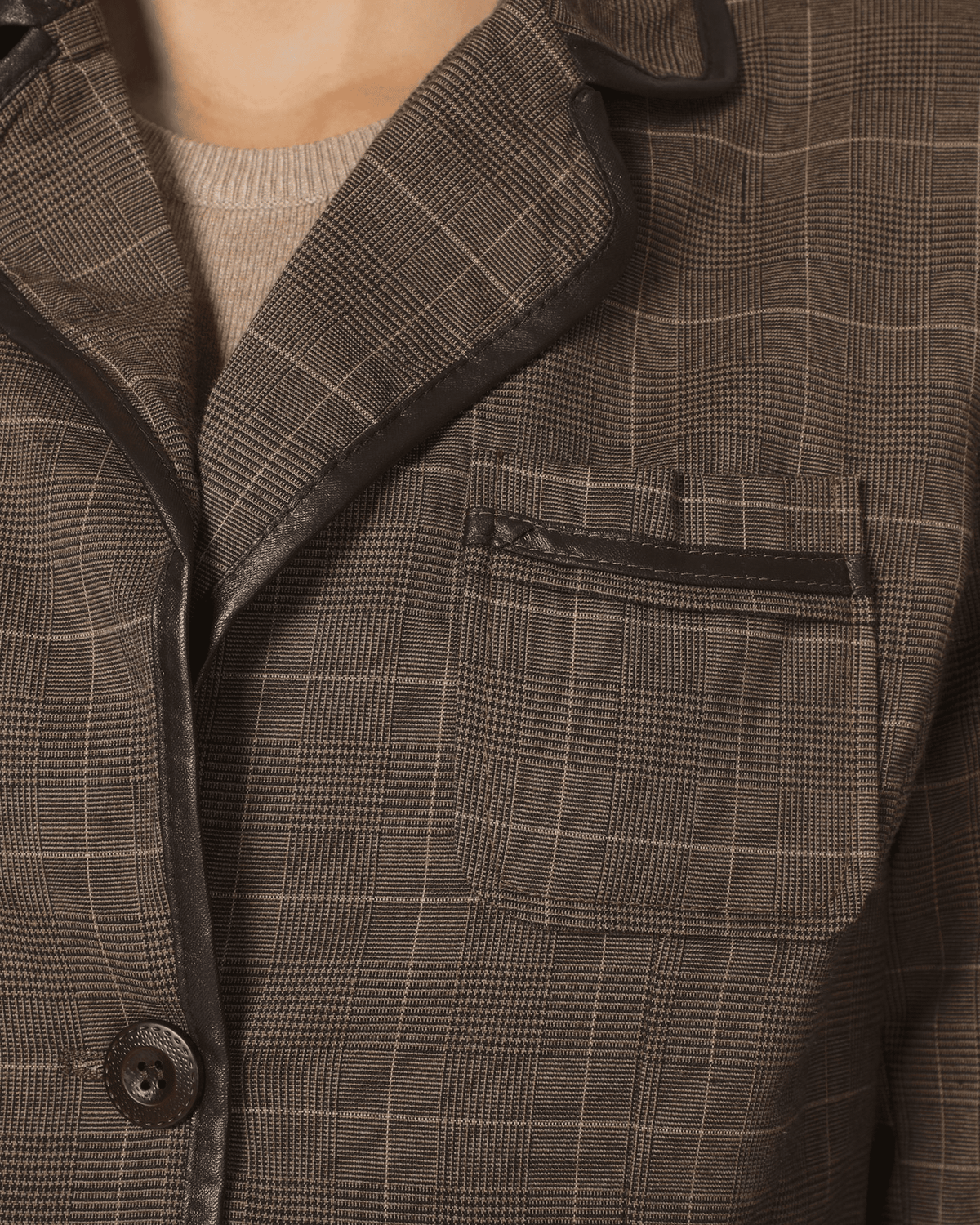 Blazer mujer, chaqueta cuadros, abrigo corto lana mixta, manga larga, corte recto, bolsillos, cuello clásico, cierre botones, color marrón, talla L, moda elegante, versátil, cómoda, ideal oficina ✅Entrega 24/48h