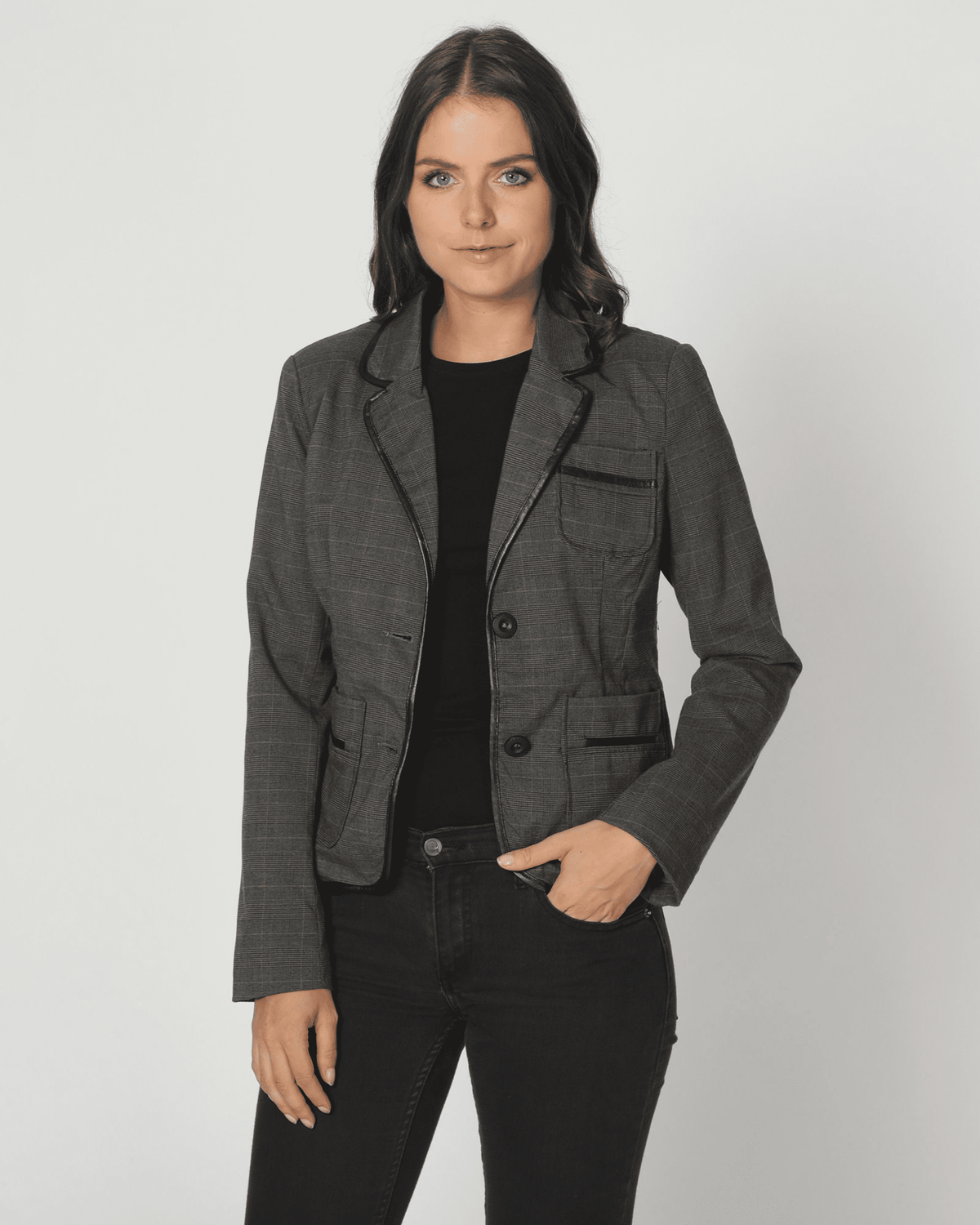 Blazer mujer cuadros clásico elegante chaqueta formal manga larga, bolsillos, cierre botones ajuste entallado, color gris oscuro, talla L, ideal oficina eventos, versátil y cómodo ✅Entrega 24/48h