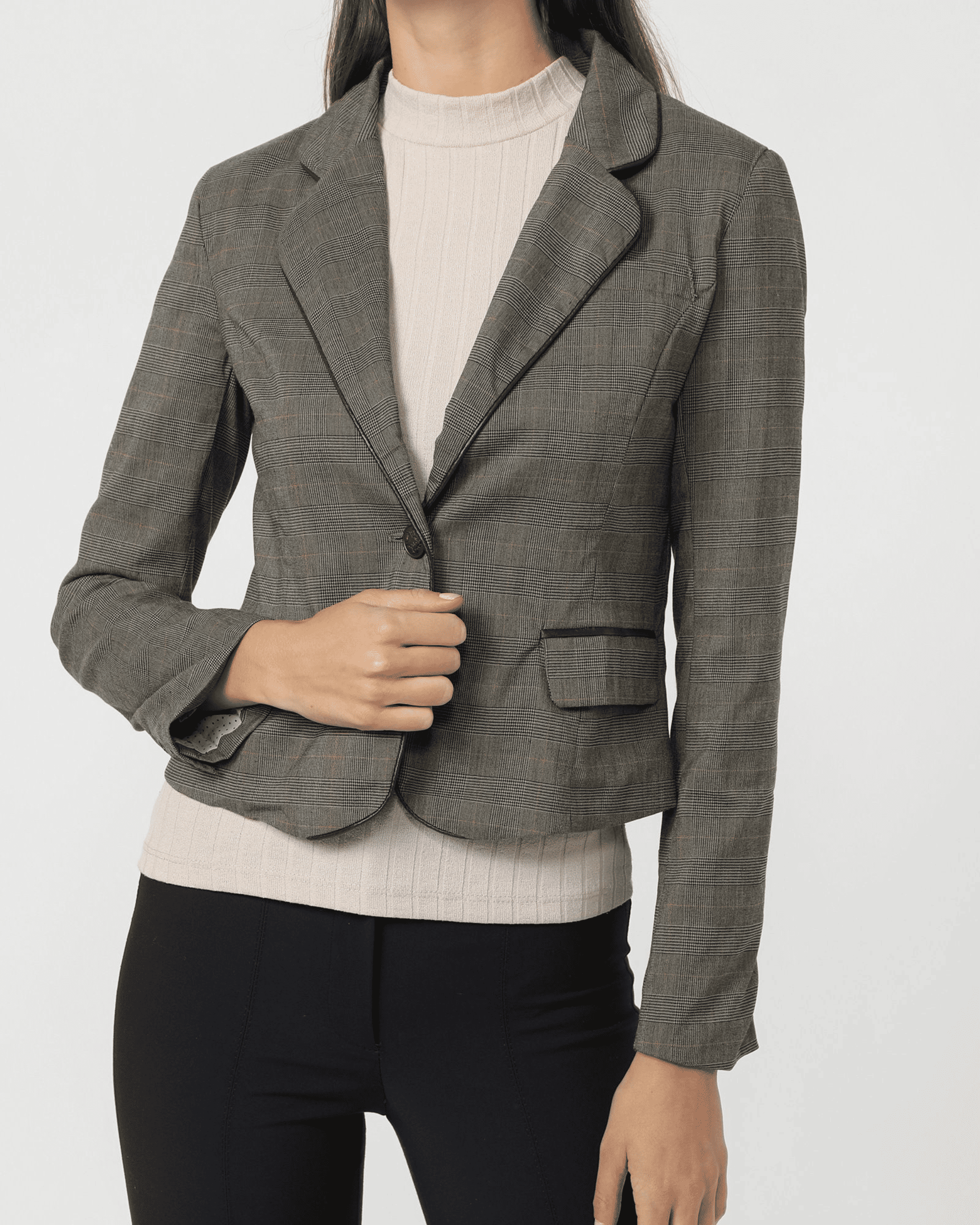 Blazer mujer americana entallada chaqueta elegante oficina textura sutil solapa clásica bolsillo falso ligera formal gris talla L versátil para eventos y trabajo ✅Entrega 24/48h