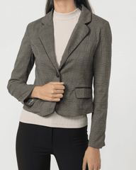 Blazer mujer americana entallada chaqueta elegante oficina textura sutil solapa clásica bolsillo falso ligera formal gris talla L versátil para eventos y trabajo ✅Entrega 24/48h
