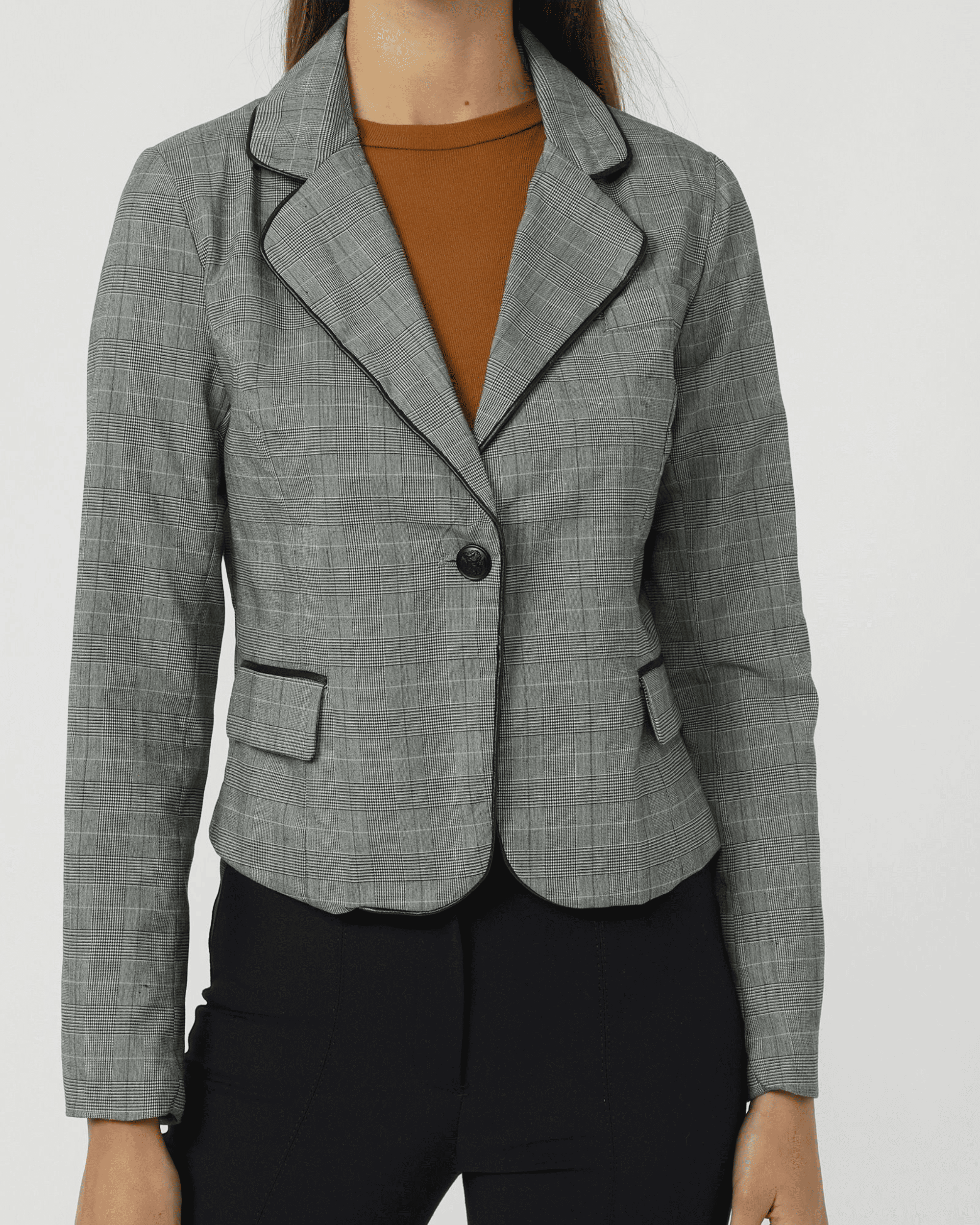 Blazer mujer entallado cuadros americanos saco chaqueta elegante, corte clásico, solapa formal, tejido ligero y suave, manga larga, bolsillo falso, gris, talla L, look oficina evento formal femenino ✅Entrega 24/48h
